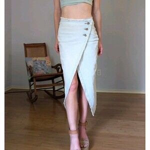 Sincerely Jules Light Wash Denim Midi Wrap Skirt Size 0 Raw Hem 25" Waist